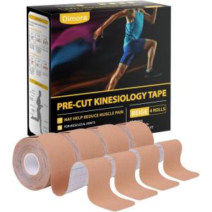 imageDimora Kinesiology Tape 80 Count Precut Strips 4 Rolls Original Cotton 10 Elastic Athletic Tape for Muscle Pain Relief and Joint Support BeigeBeige