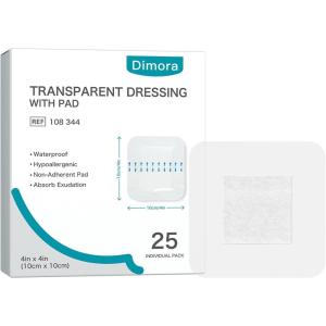 imageDimora Waterproof Adhesive Bandages with Pad Transparent Film Dressing 4x4 inch 25 Packs Clear Bandage Tape for Wound Care Fragile Skin and SwimmingIV Shield Tattoo Aftercare4x4 Inch