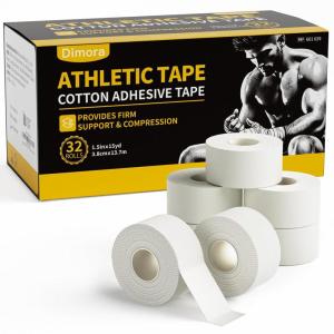 imageDimora Athletic Tape Easy Tear Sports Tape with Serrated Edges Strong Adhesion No Residue Ideal for Gymnastics Boxing Lacrosse Hockey and First Aid White 15 in x 45 ft Pack of 32