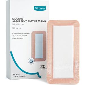 imageDimora 20 Count Silicone Super Absorbent Wound Dressing  Gentle Border 5 x 5 Adhesive Bandages for Diabetic Foot Ulcers Heavy Exudate Wound Care Pads with Ultrasorb Polymer4x 8  20 pcs
