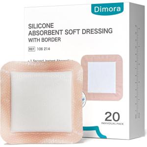 imageDimora 20 Count Silicone Super Absorbent Wound Dressing  Gentle Border 5 x 5 Adhesive Bandages for Diabetic Foot Ulcers Heavy Exudate Wound Care Pads with Ultrasorb Polymer5x 5  20 pcs
