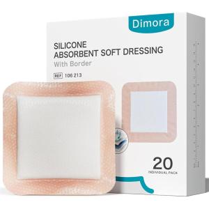 imageDimora 20 Count Silicone Super Absorbent Wound Dressing  Gentle Border 5 x 5 Adhesive Bandages for Diabetic Foot Ulcers Heavy Exudate Wound Care Pads with Ultrasorb Polymer6x 6  20 pcs